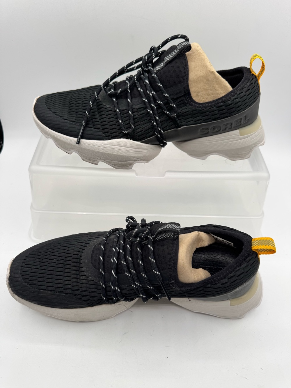 Sorel Men's Black Knit Lace-Up Sneakers with Cream Soles and Yellow Pull Tabs - Picture 2 of 7